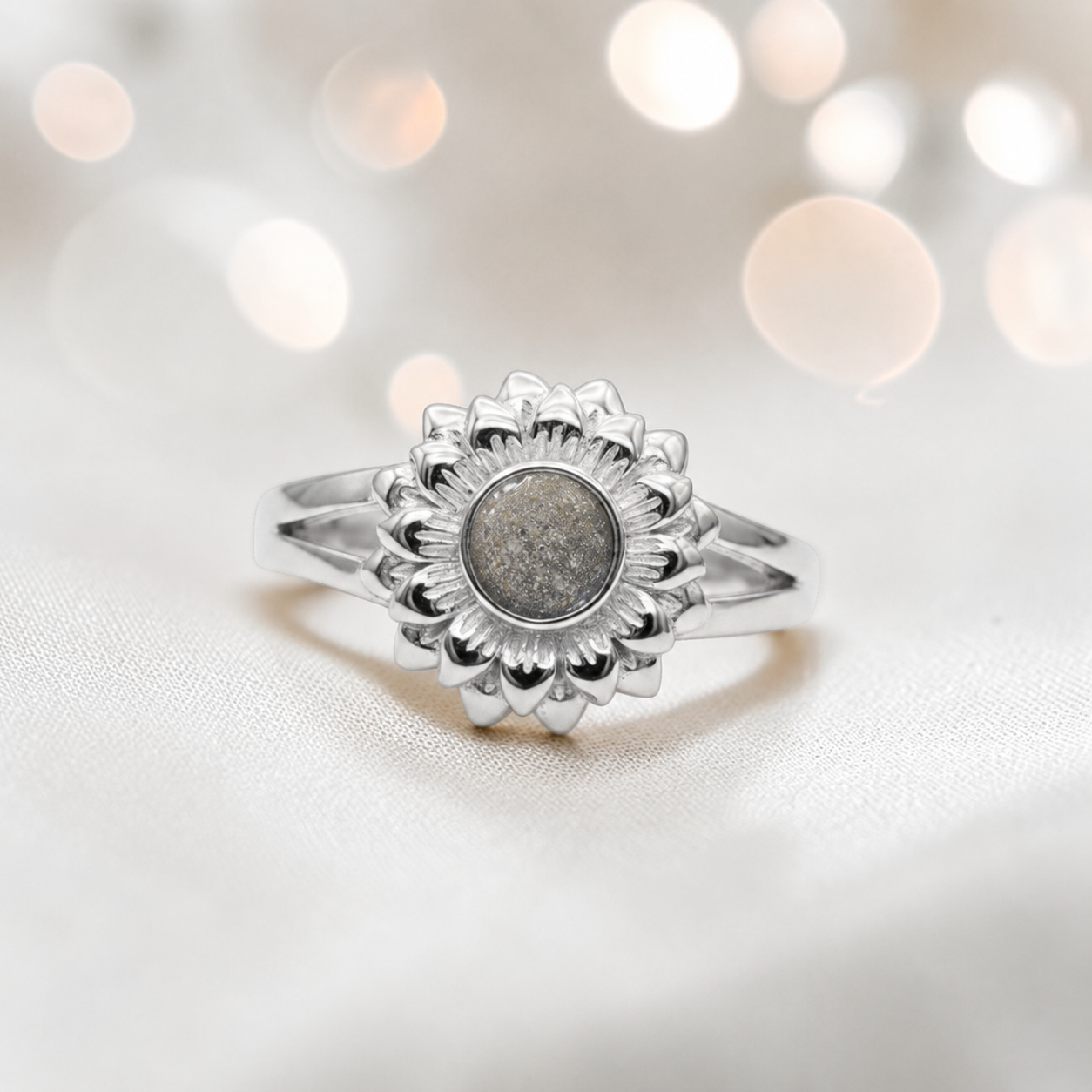 Keepsake Memorial Silver Sunflower Ashes Ring in Natural Ash  - Handcrafted in the UK 