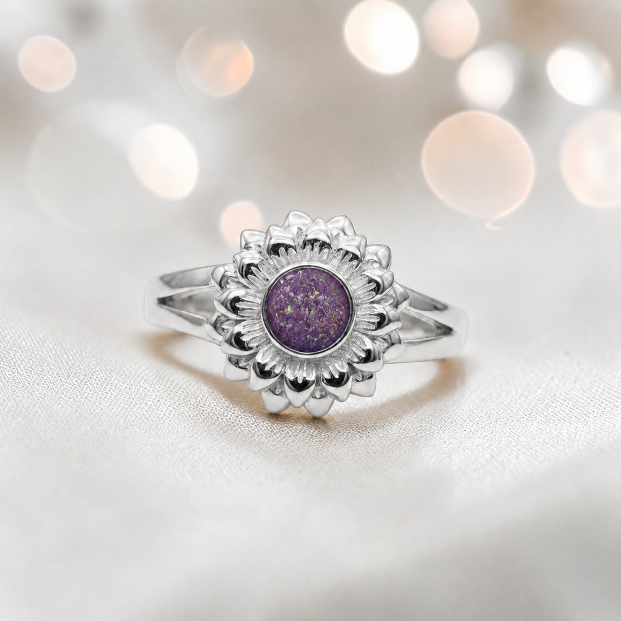 Keepsake Memorial Silver Sunflower Ashes Ring in Rose Pink - Handcrafted in the UK 