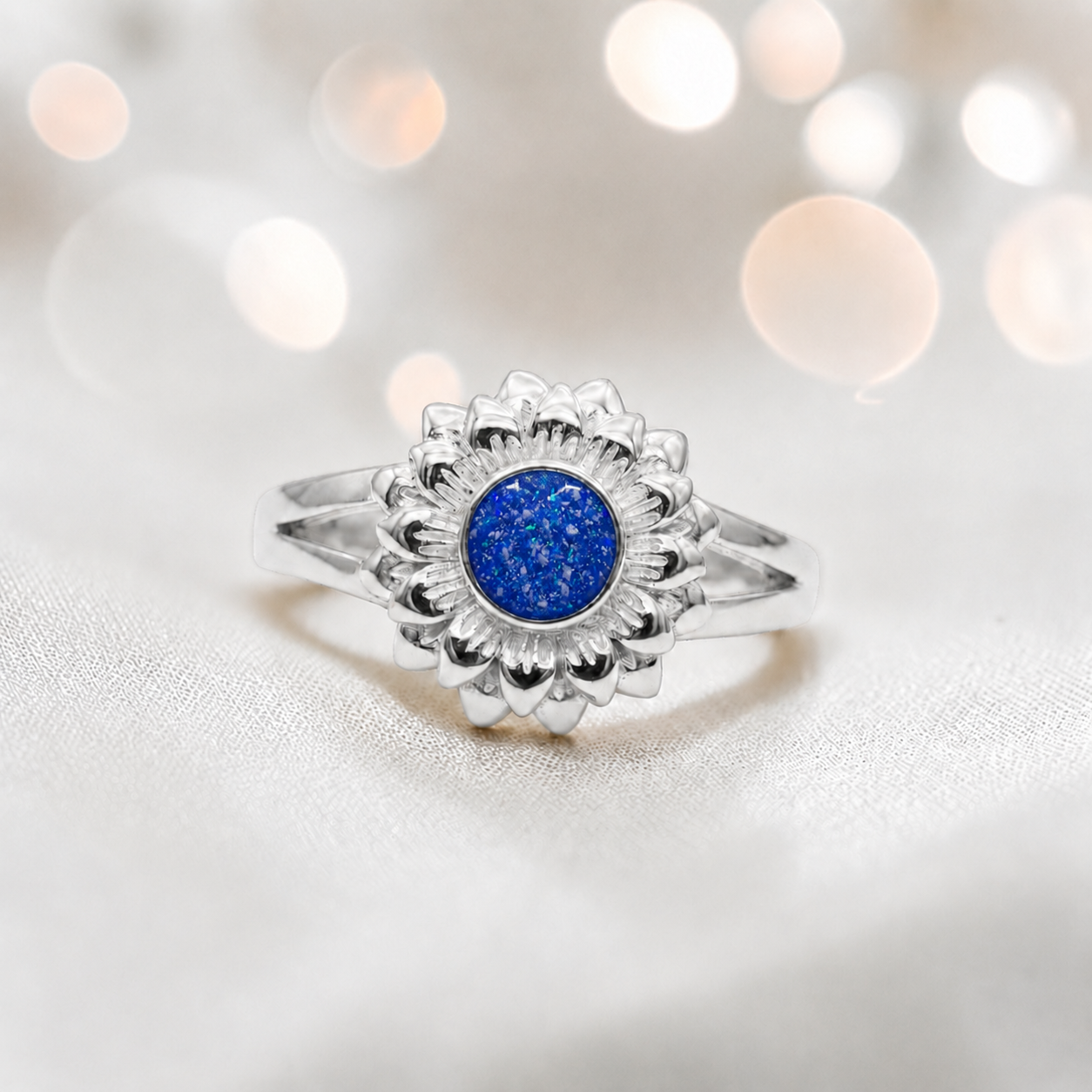 Keepsake Memorial Silver Sunflower Ashes Ring in Royal Blue  - Handcrafted in the UK 