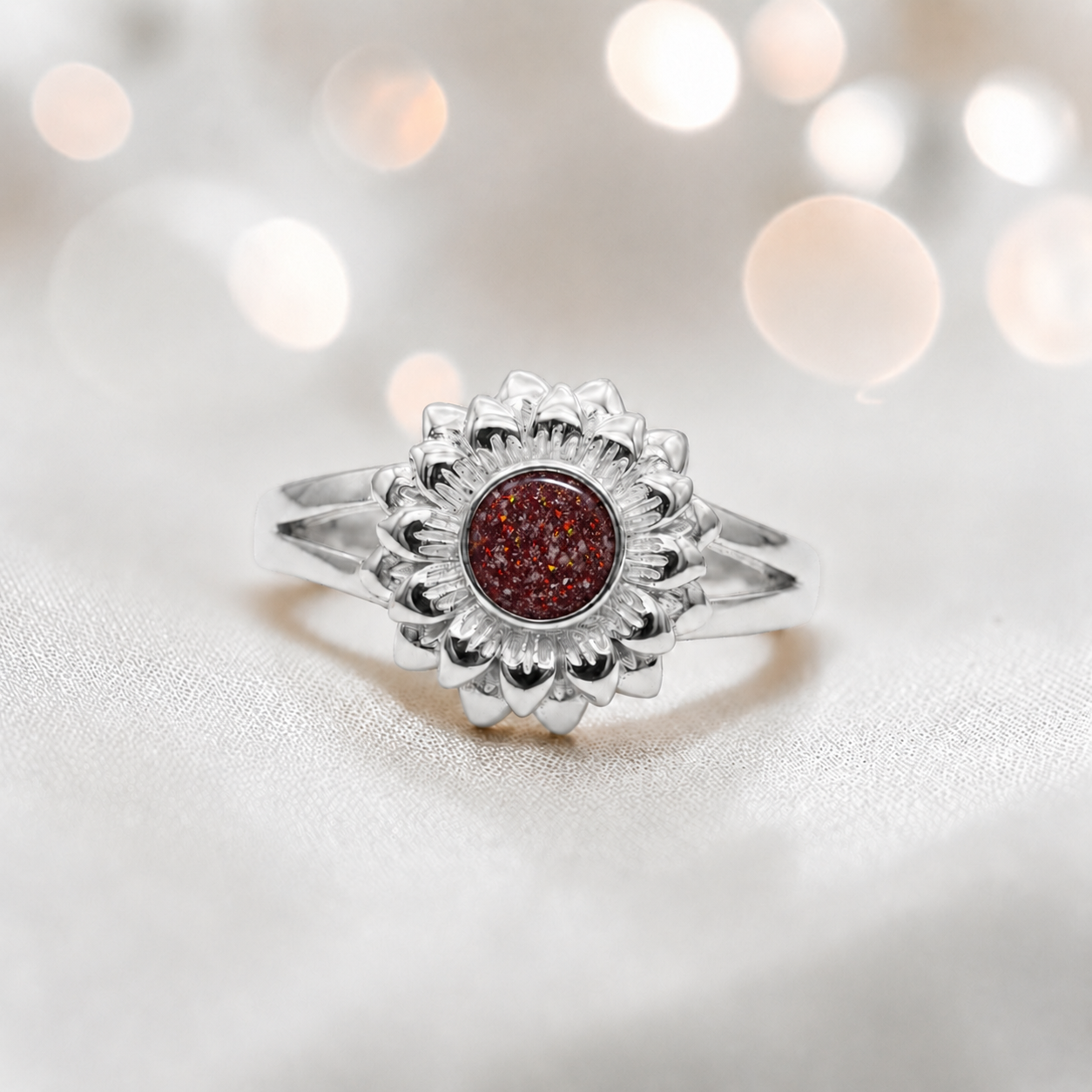 Keepsake Memorial Silver Sunflower Ashes Ring in Ruby Red  - Handcrafted in the UK 