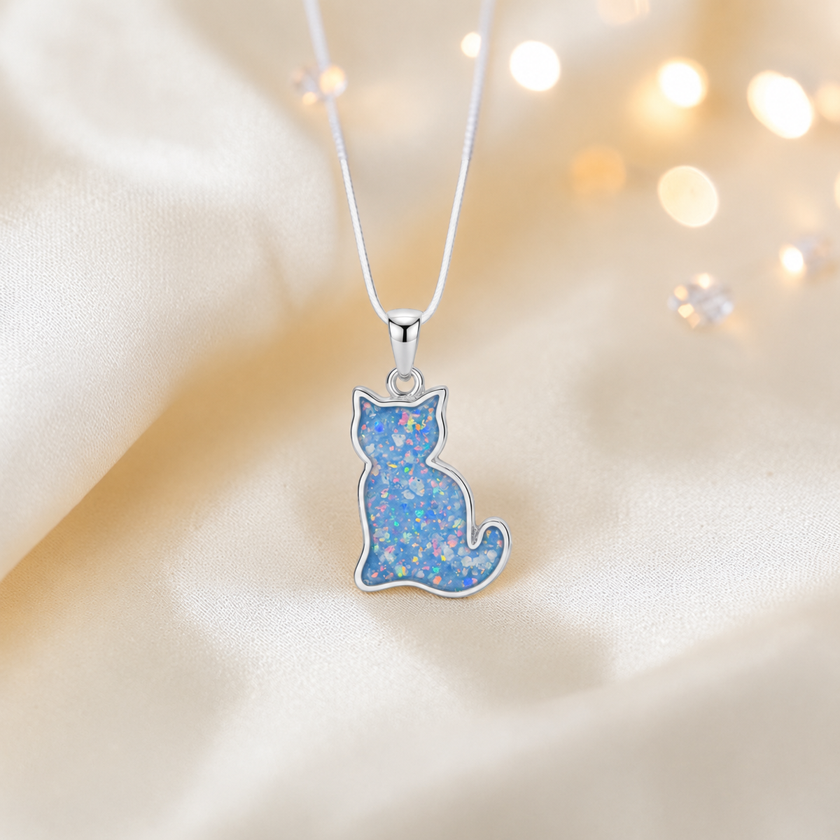 Tabatha Silver cat memorial ashes pendant in baby blue, handcrafted in Lancashire, UK - by Keepsake Memorial Jewellery