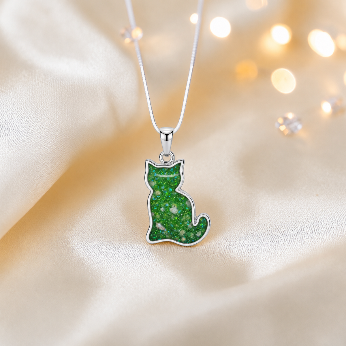 Tabatha Silver cat memorial ashes pendant in fruit green, handcrafted in Lancashire, UK - by Keepsake Memorial Jewellery