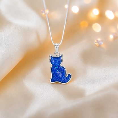 Tabatha Silver cat memorial ashes pendant in royal blue, handcrafted in Lancashire, UK - by Keepsake Memorial Jewellery