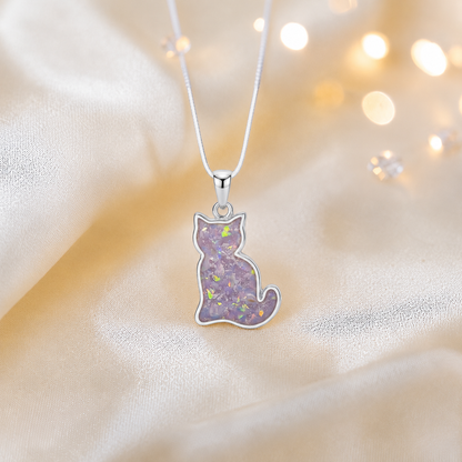 Tabatha Silver cat memorial ashes pendant in unicorn purple, handcrafted in Lancashire, UK - by Keepsake Memorial Jewellery