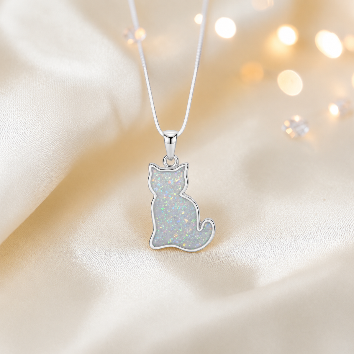 Tabatha Silver cat memorial ashes pendant in white snow, handcrafted in Lancashire, UK - by Keepsake Memorial Jewellery