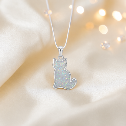 Tabatha Silver cat memorial ashes pendant in white snow, handcrafted in Lancashire, UK - by Keepsake Memorial Jewellery
