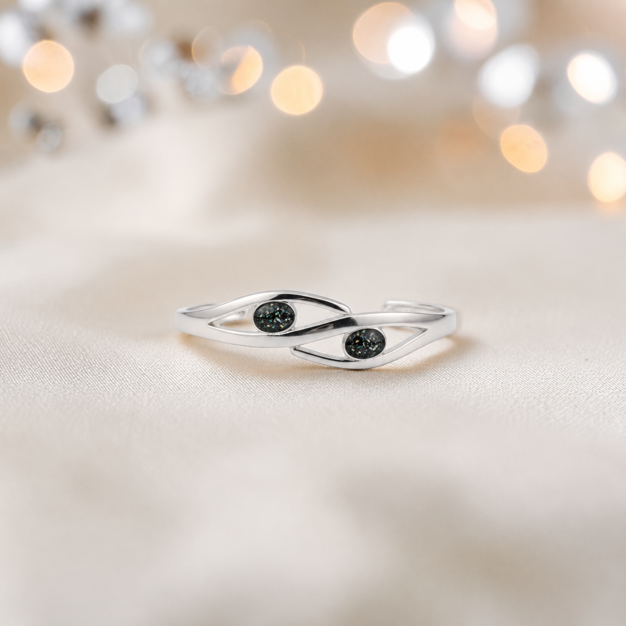 Thalia memorial bangle with two stones, in black flame, handcrafted in Lancashire UK - by Keepsake Memorial Jewellery