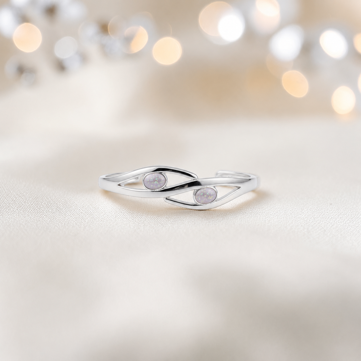 Thalia memorial bangle with two stones,  in white snow, handcrafted in Lancashire UK - by Keepsake Memorial Jewellery