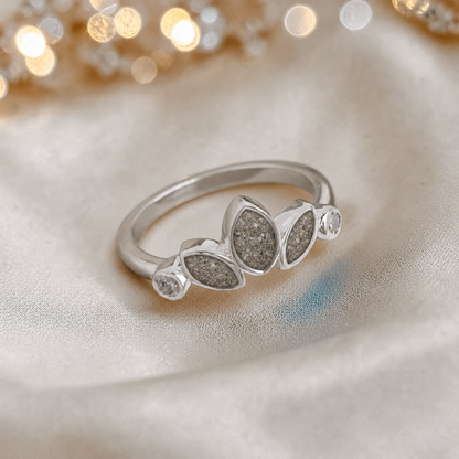 Keepsake memorial silver Thea ashes ring, in natural ash, handcrafted in Lancashire, UK