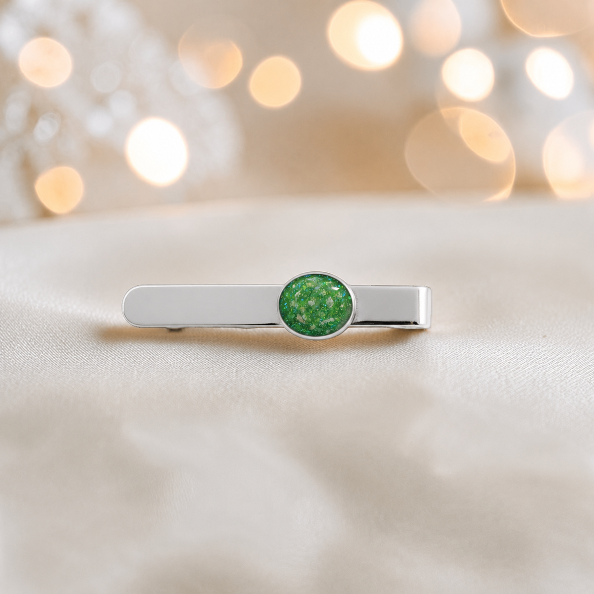 Tie slide - sterling silver memorial tie slide in fruit green, handcrafted in Lancashire UK - by Keepsake Memorial Jewellery 