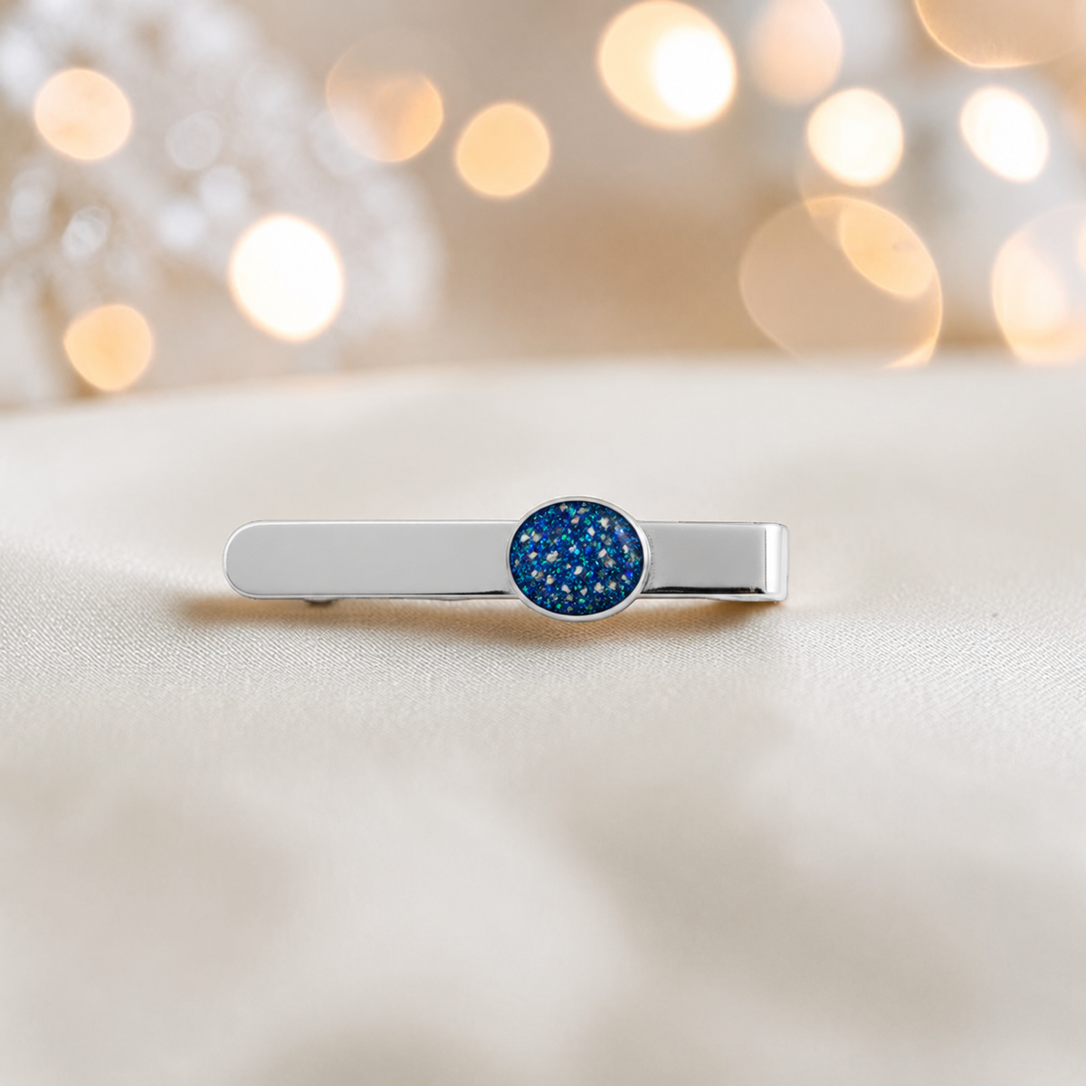 Tie slide - sterling silver memorial tie slide in sapphire glow, handcrafted in Lancashire UK - by Keepsake Memorial Jewellery 