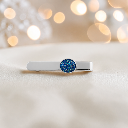 Tie slide - sterling silver memorial tie slide in sapphire glow, handcrafted in Lancashire UK - by Keepsake Memorial Jewellery 