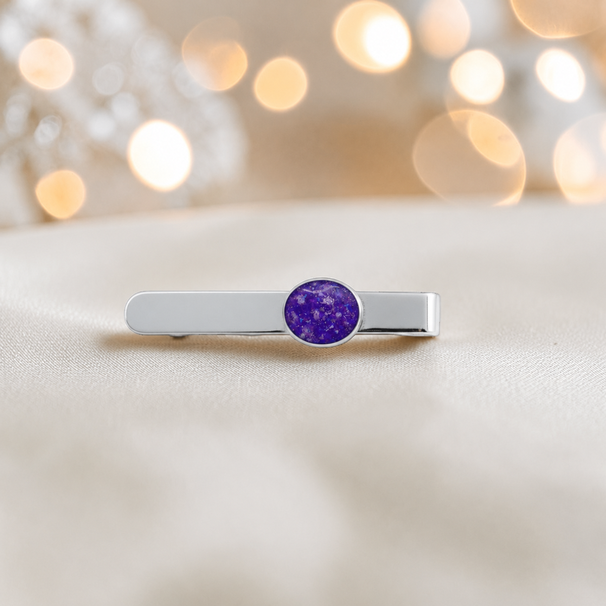 Tie slide - sterling silver memorial tie slide in sleepy lavender, handcrafted in Lancashire UK - by Keepsake Memorial Jewellery 
