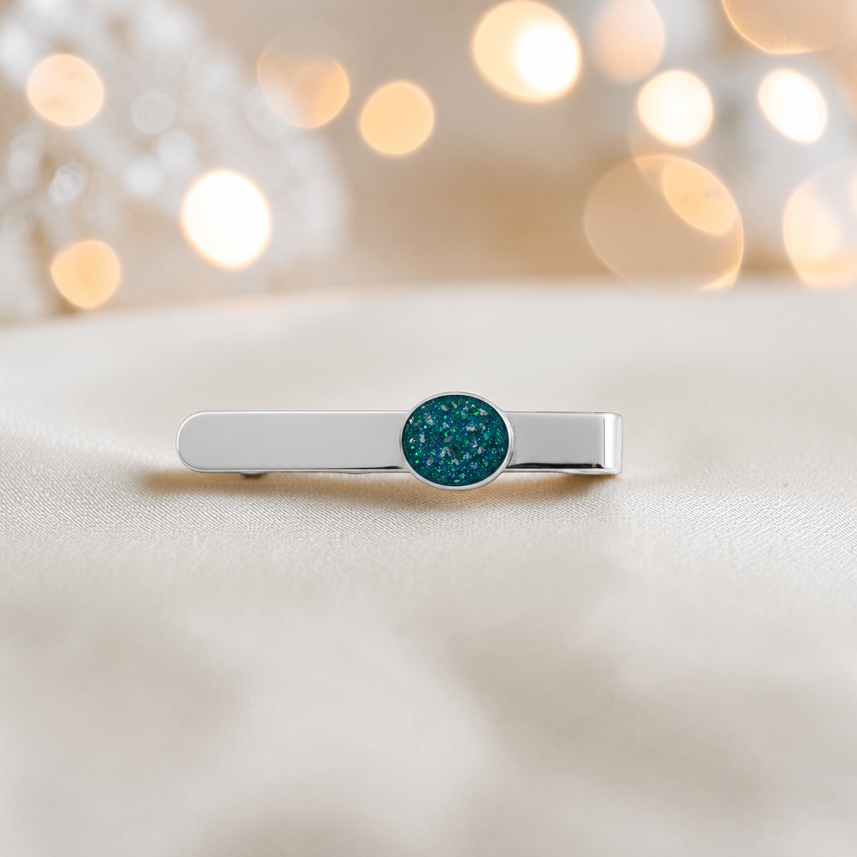 Tie slide - sterling silver memorial tie slide in teal mist, handcrafted in Lancashire UK - by Keepsake Memorial Jewellery 