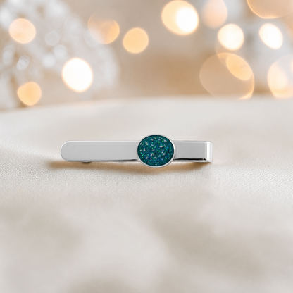 Tie slide - sterling silver memorial tie slide in teal mist, handcrafted in Lancashire UK - by Keepsake Memorial Jewellery 