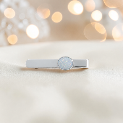 Tie slide - sterling silver memorial tie slide in white snow, handcrafted in Lancashire UK - by Keepsake Memorial Jewellery 