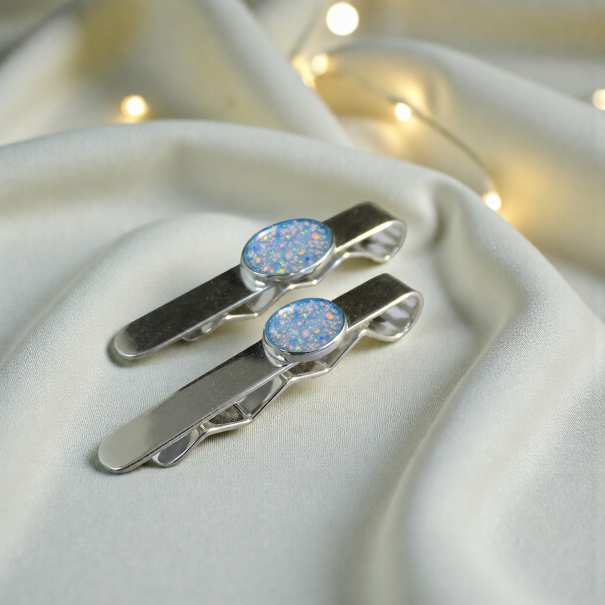 Tie slide - sterling silver memorial tie slide in baby blue, handcrafted in Lancashire UK - by Keepsake Memorial Jewellery 