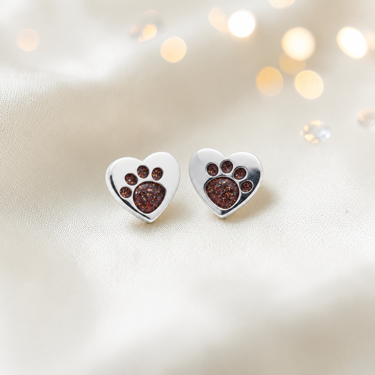 Tilly paw studs — silver heart shaped ashes memorial ear studs in copper mocha, handcrafted in Lancashire, UK - by Keepsake Memorial Jewellery