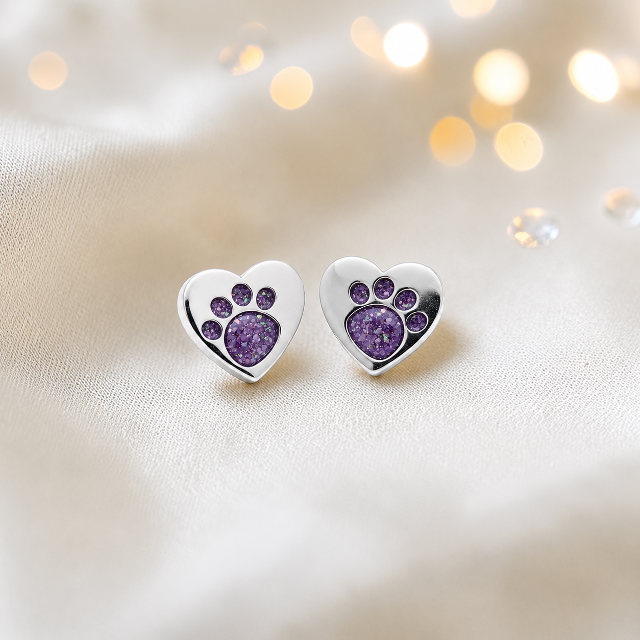 Tilly paw studs — silver heart shaped ashes memorial ear studs in rose pink, handcrafted in Lancashire, UK - by Keepsake Memorial Jewellery