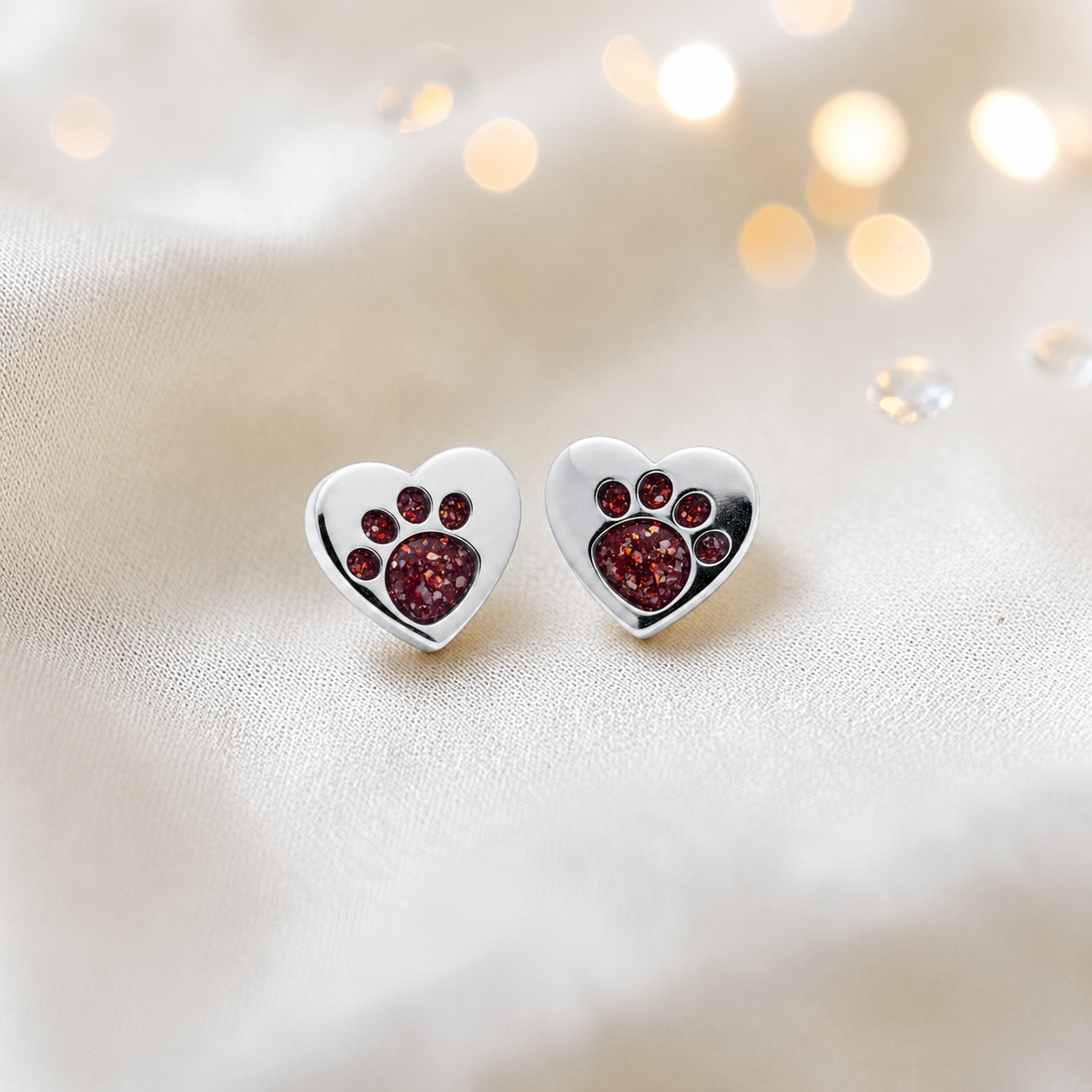 Tilly paw studs — silver heart shaped ashes memorial ear studs in ruby red, handcrafted in Lancashire, UK - by Keepsake Memorial Jewellery