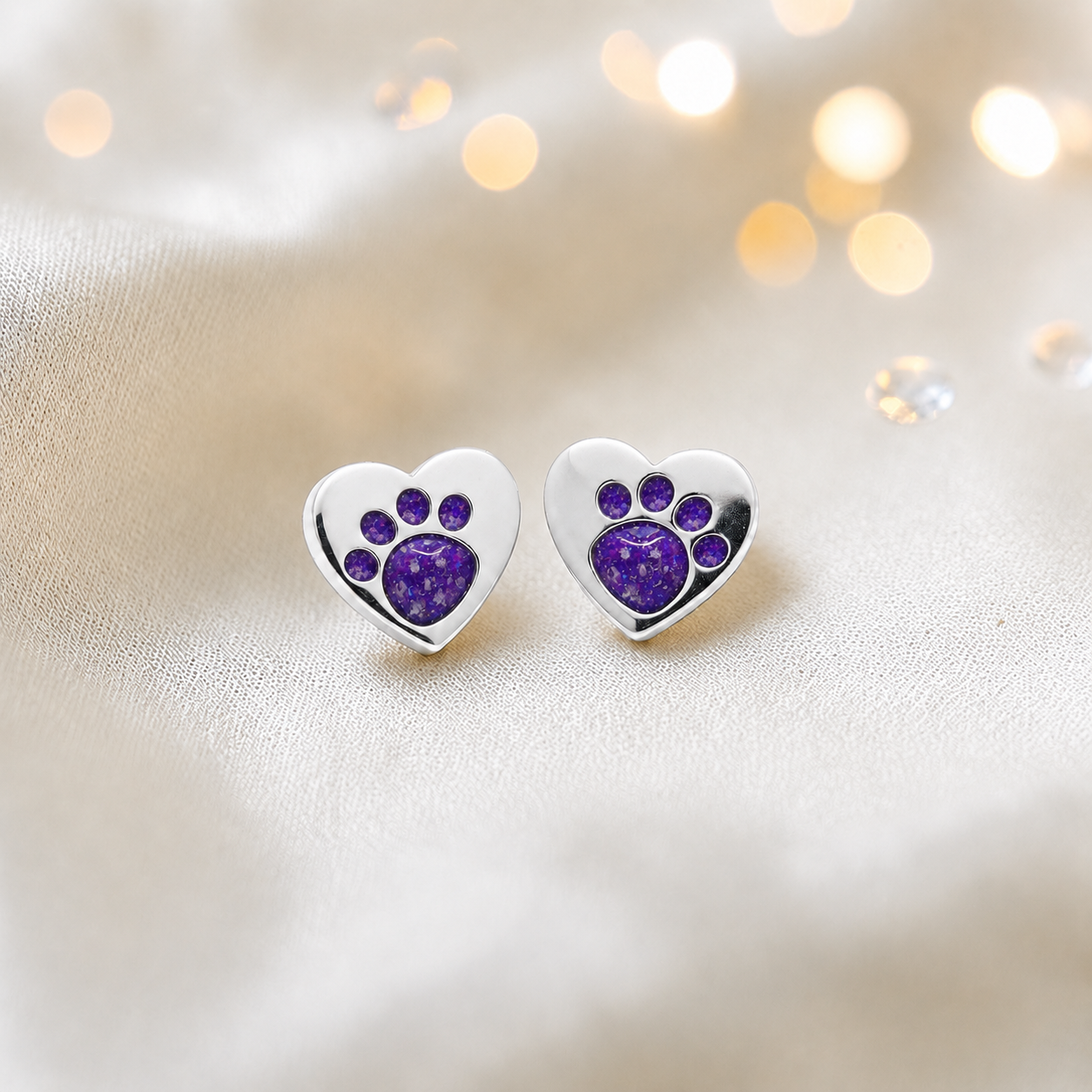 Tilly paw studs — silver heart shaped ashes memorial ear studs in sleepy lavender, handcrafted in Lancashire, UK - by Keepsake Memorial Jewellery