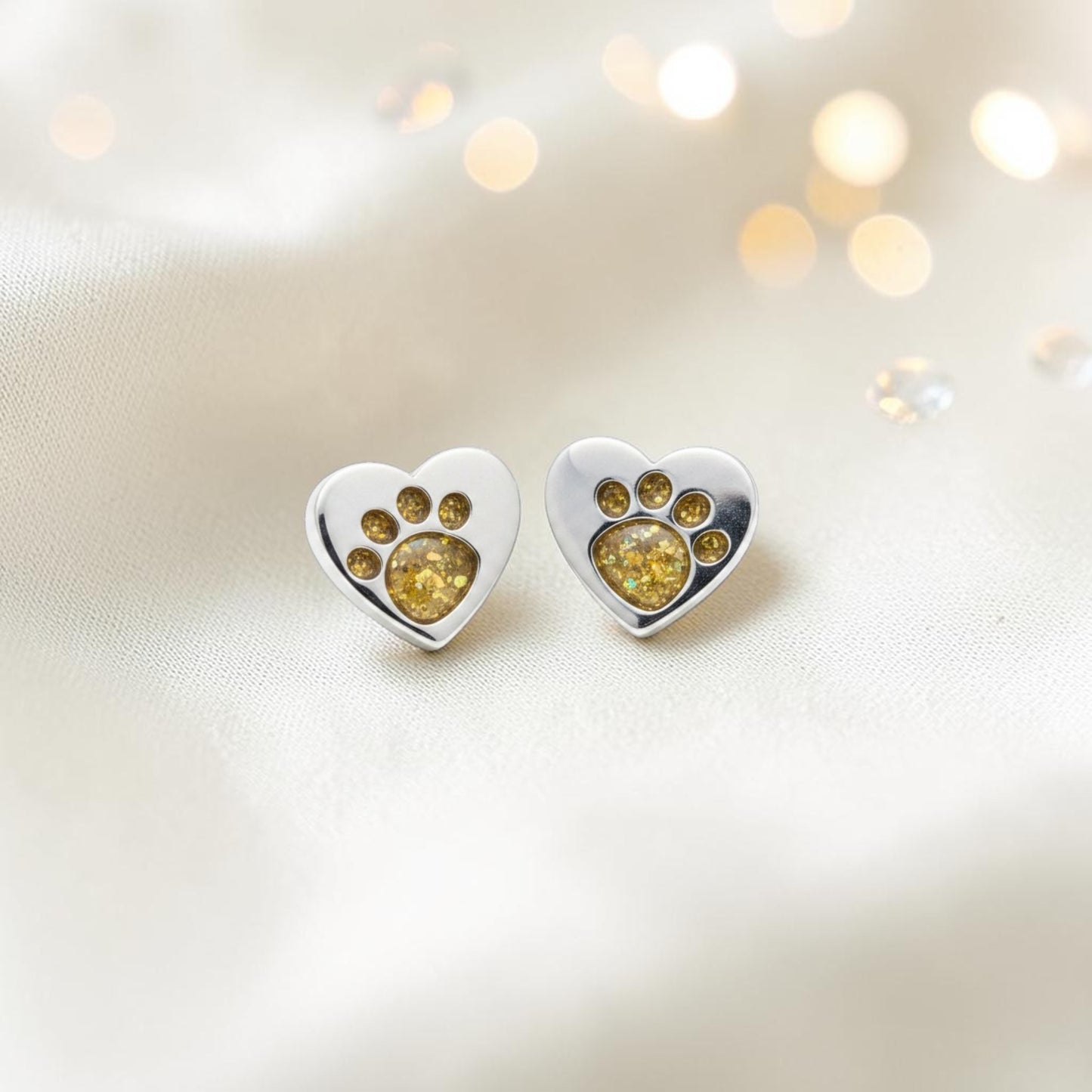 Tilly paw studs — silver heart shaped ashes memorial ear studs, handcrafted in Lancashire, UK - by Keepsake Memorial Jeweller