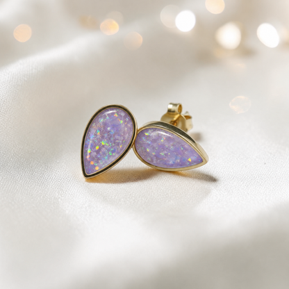 Unicorn Purple Luma 9ct gold peardrop earrings, handcrafted in Lancashire, UK – by Keepsake Memorial Jewellery