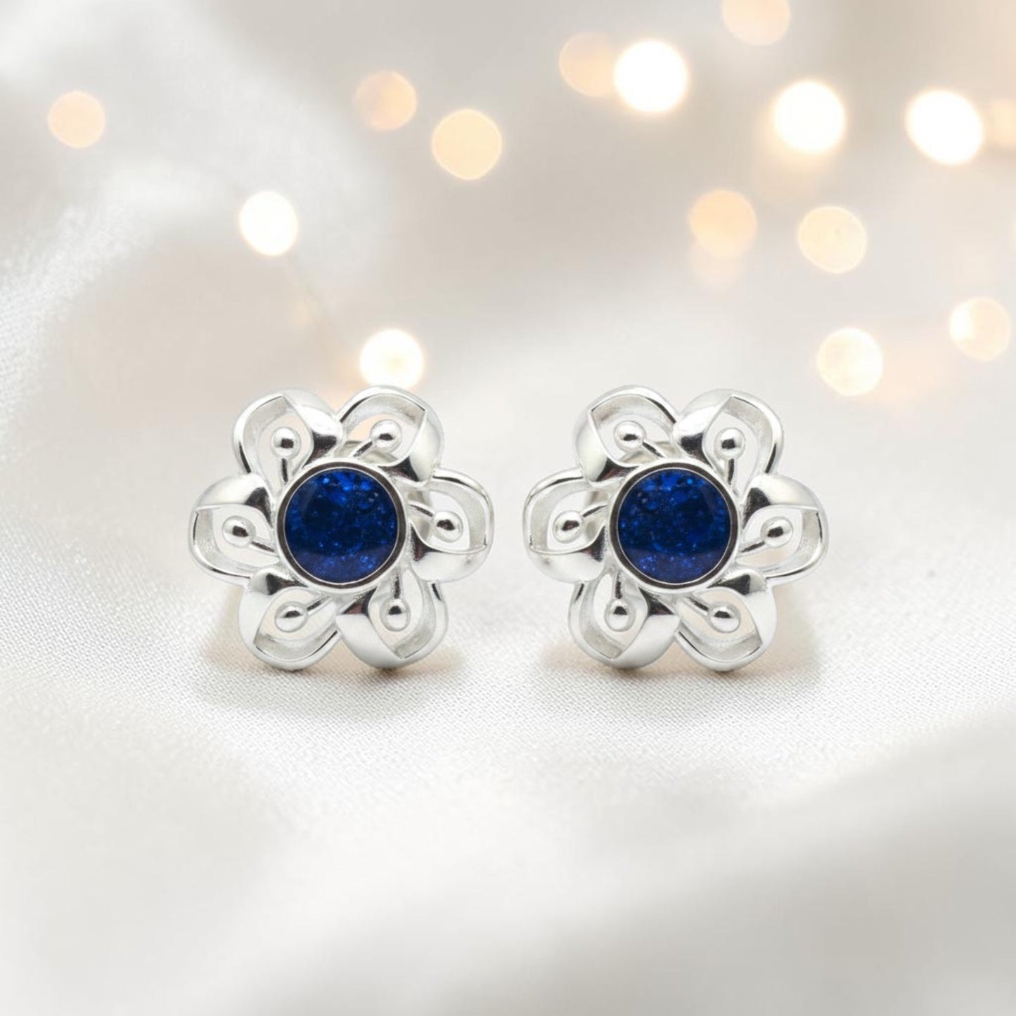 Velour Flower Earrings — silver flower ashes memorial stud earrings, handcrafted in Lancashire, UK