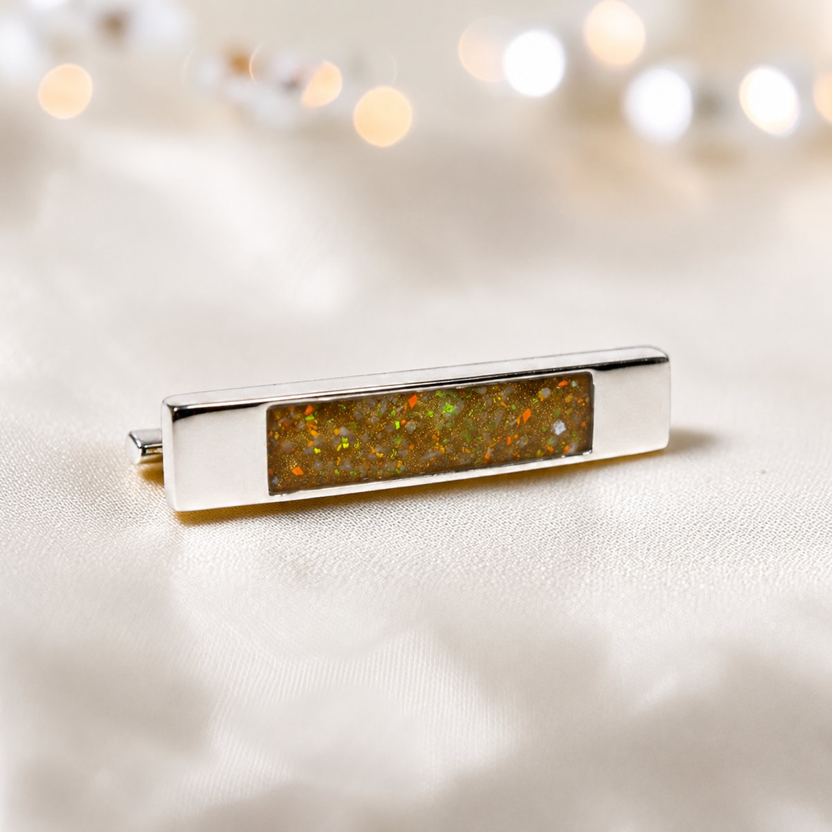 Venus Stock Pin — silver bar ashes memorial pin, in gold olive, handcrafted in Lancashire, UK - by Keepsake Memorial Jewellery