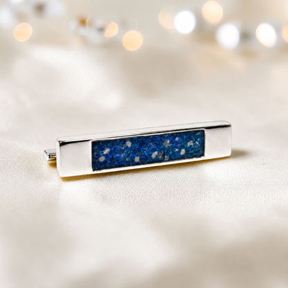 Venus Stock Pin — silver bar ashes memorial pin, in sapphire glow, handcrafted in Lancashire, UK - by Keepsake Memorial Jewellery