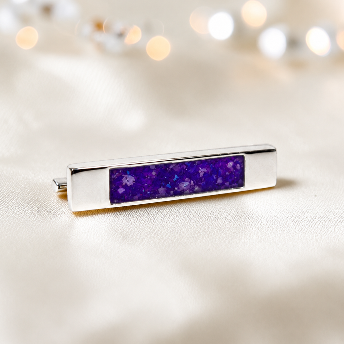Venus Stock Pin — silver bar ashes memorial pin, in sleepy lavender, handcrafted in Lancashire, UK - by Keepsake Memorial Jewellery