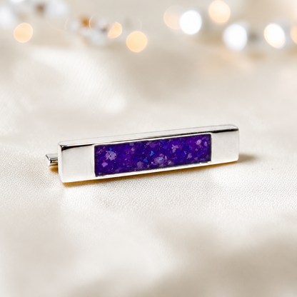 Venus Stock Pin — silver bar ashes memorial pin, in sleepy lavender, handcrafted in Lancashire, UK - by Keepsake Memorial Jewellery