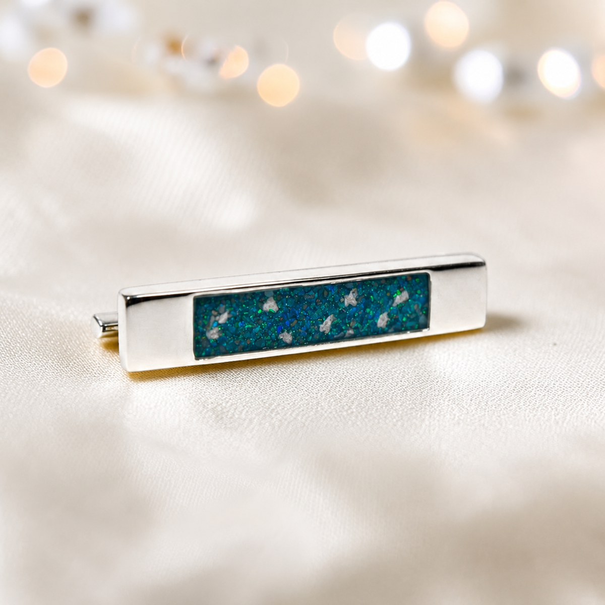 Venus Stock Pin — silver bar ashes memorial pin, in teal mist, handcrafted in Lancashire, UK - by Keepsake Memorial Jewellery