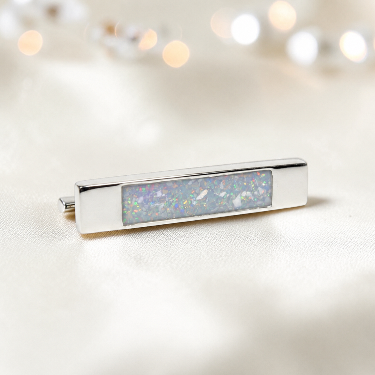 Venus Stock Pin — silver bar ashes memorial pin, in white snow, handcrafted in Lancashire, UK - by Keepsake Memorial Jewellery
