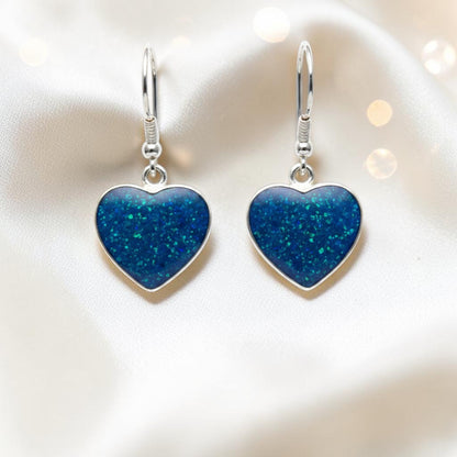 Whispers of Love memorial drop earrings — sterling silver heart drop ashes earrings, handcrafted in Lancashire, UK