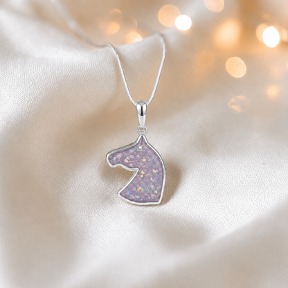 Willow horse head ashes pendant in unicorn purple, handcrafted in Lancashire UK - by Keepsake Memorial Jewellery