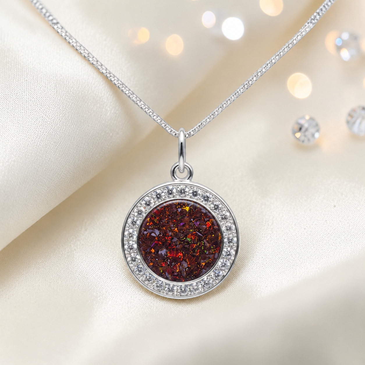 Zosma round memorial locket with CZ stones in copper mocha, handcrafted in Lancashire UK  by Keepsake Memorial Jewellery