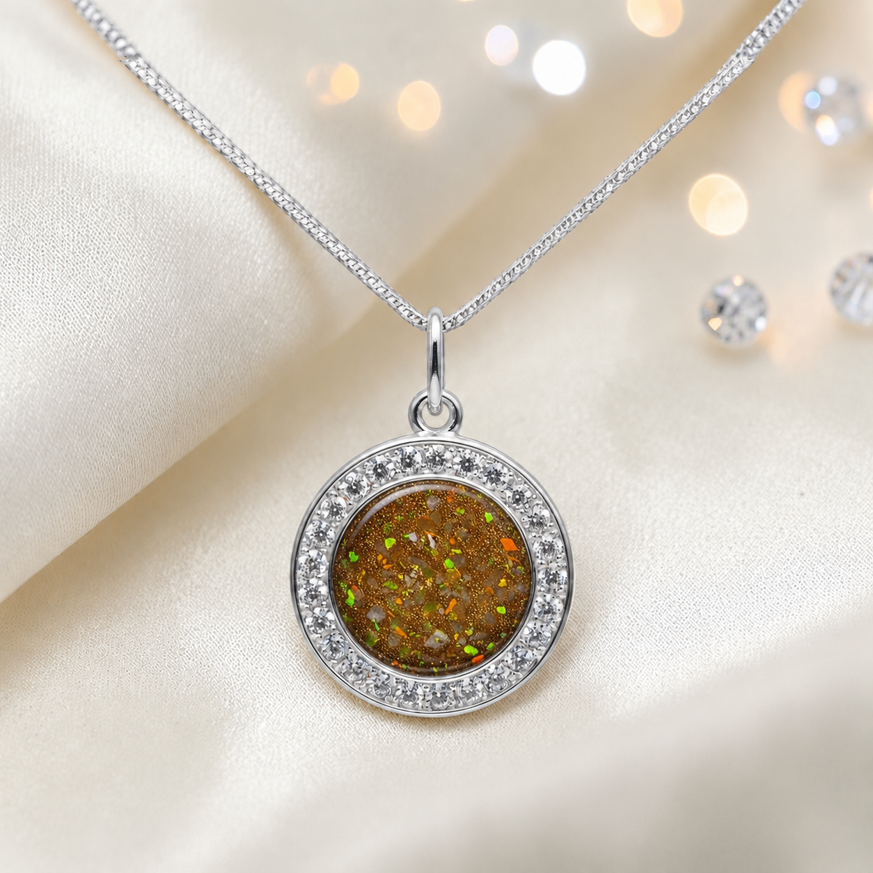 Zosma round memorial locket with CZ stones in gold olive, handcrafted in Lancashire UK  by Keepsake Memorial Jewellery