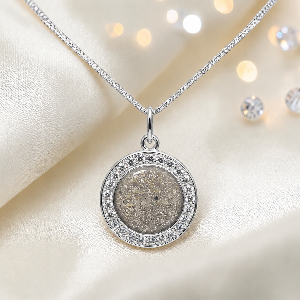 Zosma round memorial locket with CZ stones in natural ash, handcrafted in Lancashire UK  by Keepsake Memorial Jewellery