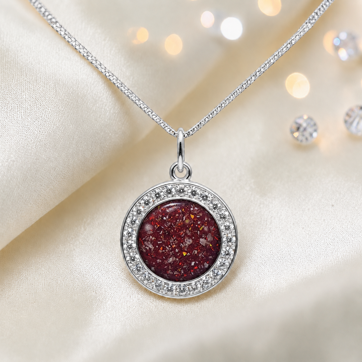 Zosma round memorial locket with CZ stones in ruby red, handcrafted in Lancashire UK  by Keepsake Memorial Jewellery