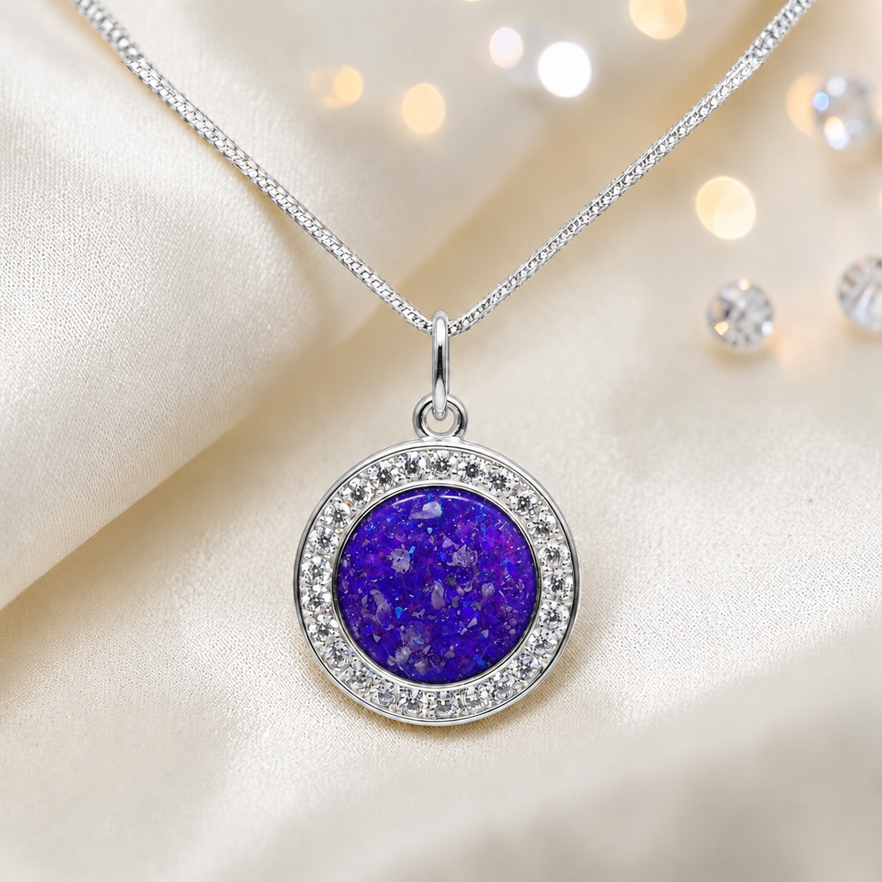 Zosma round memorial locket with CZ stones in sleepy laveneder, handcrafted in Lancashire UK  by Keepsake Memorial Jewellery