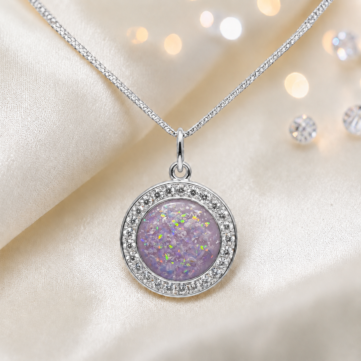 Zosma round memorial locket with CZ stones in unicorn purple, handcrafted in Lancashire UK  by Keepsake Memorial Jewellery