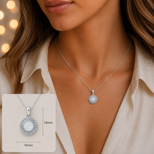 Alderan round halo CZ memorial pendant in White Snow, 925 sterling silver, handcrafted in the UK