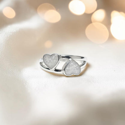 Alouette Ring — silver double heart ashes memorial ring, handcrafted in Lancashire, UK