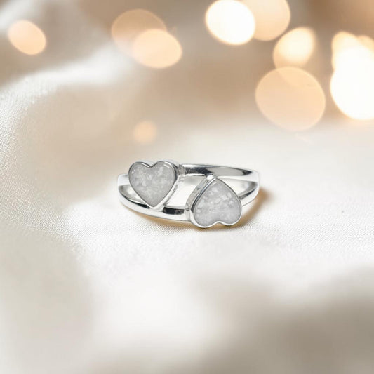 Alouette Ring — silver double heart ashes memorial ring, handcrafted in Lancashire, UK
