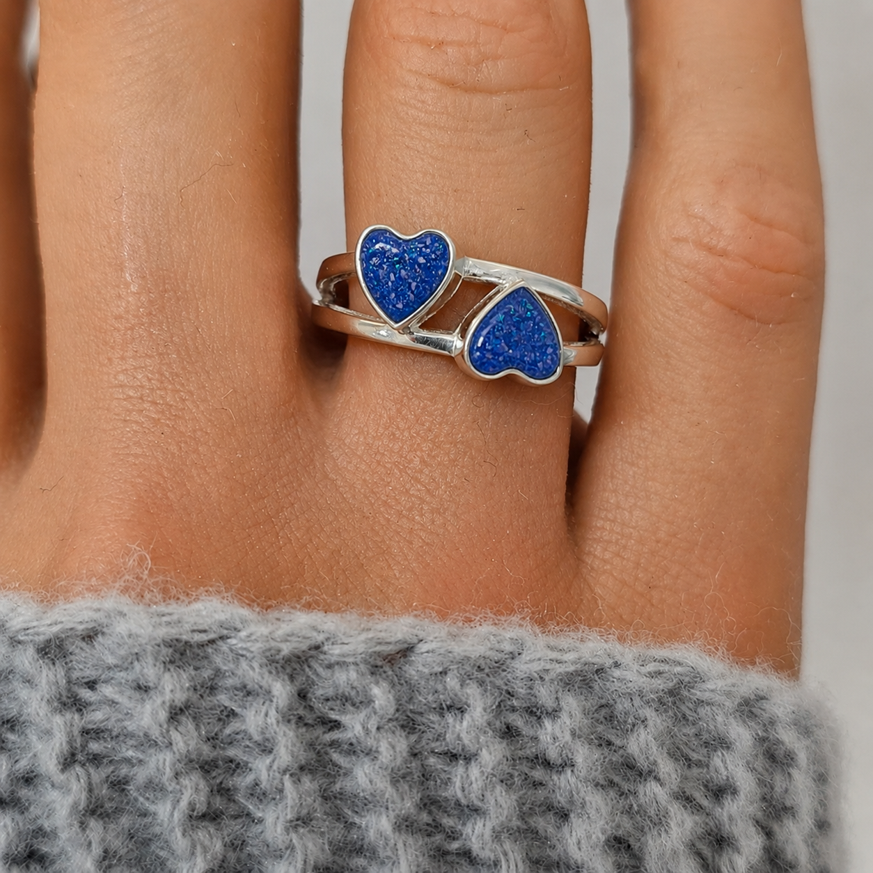 Alouette Ring — silver double heart ashes memorial ring, in royal blue, handcrafted in Lancashire, UK