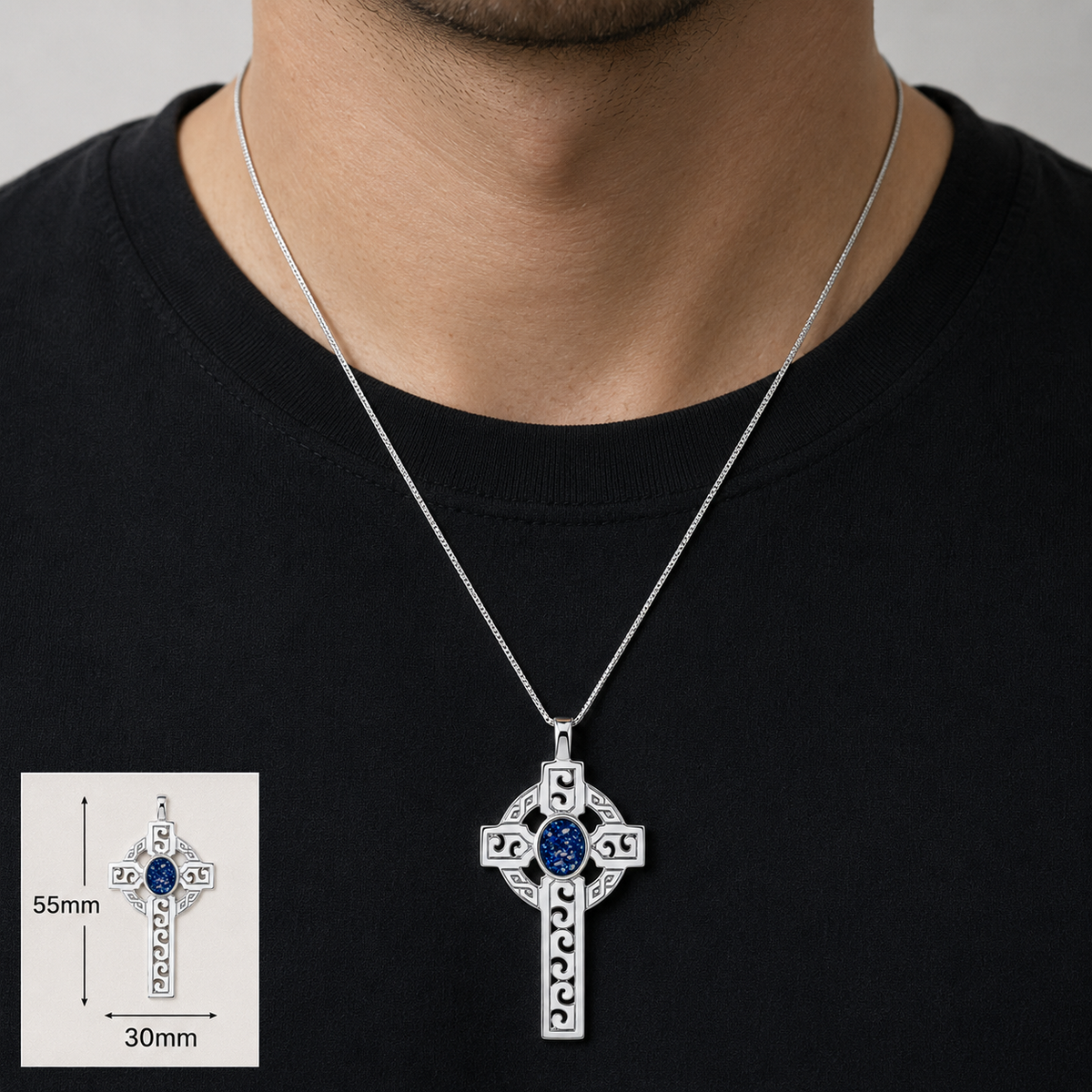 Sapphire glow Anam sterling silver Celtic cross memorial pendant, 55mm, handcrafted in Lancashire UK by Keepsake Memorial Jewellery