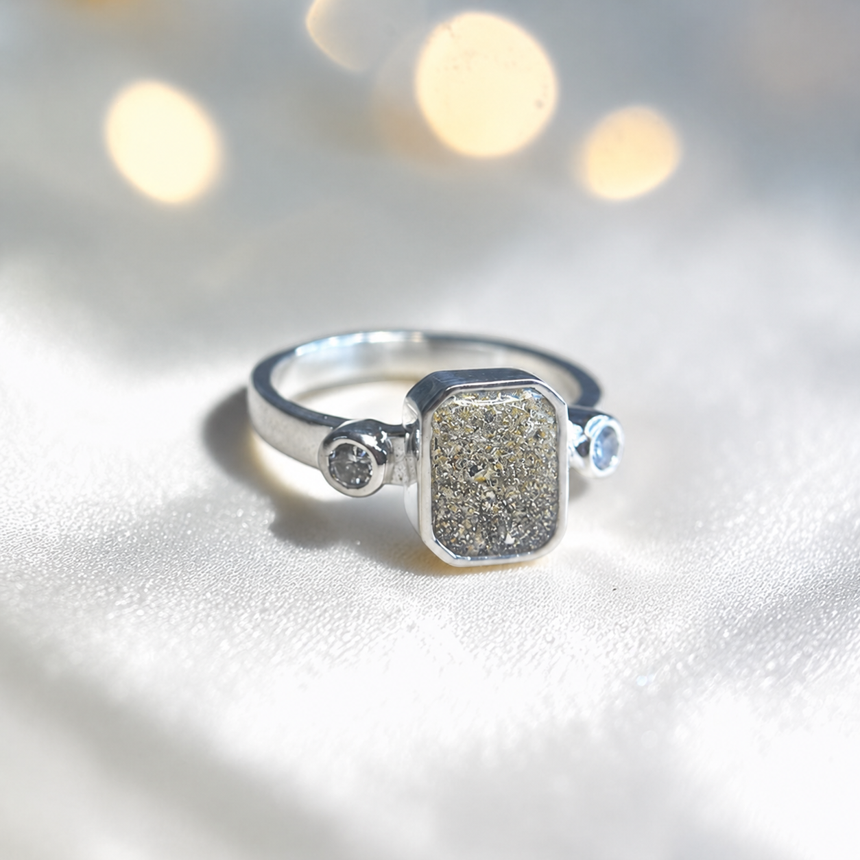 Keepsake Memorial Silver Anastasia Emerald Cut Ashes Ring in Natural Ash — handcrafted in Lancashire, UK