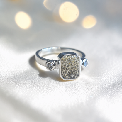 Keepsake Memorial Silver Anastasia Emerald Cut Ashes Ring in Natural Ash — handcrafted in Lancashire, UK