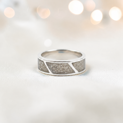 Natural ash Axis men's sterling silver three setting ring, handcrafted in Lancashire UK by Keepsake Memorial Jewellery